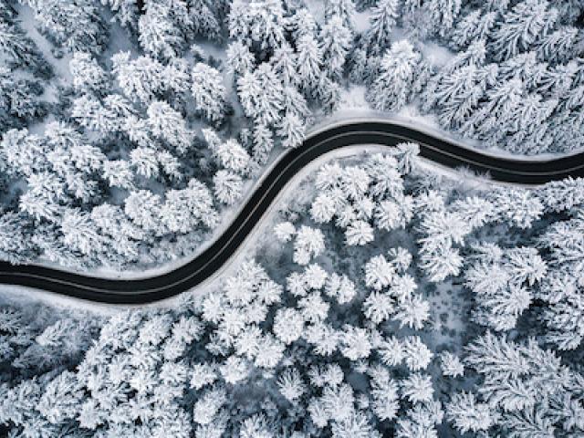 aerial of road through snow covered trees