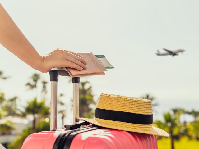 woman with pink suitcase